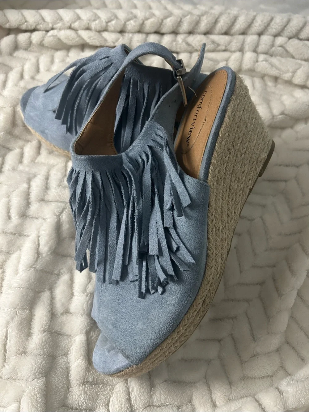 comfortview Light Blue Suede Fringe Espadrille Wedge Sandals
